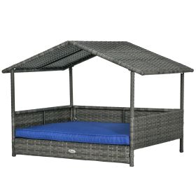 PawHut Wicker Dog House Indoor Outdoor Removable Cushion Lounge Dark Blue