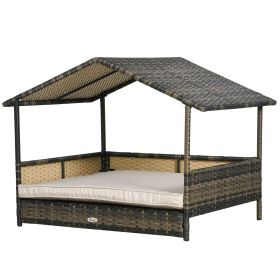 PawHut Wicker Dog House Indoor Outdoor Removable Cushion Lounge Khaki