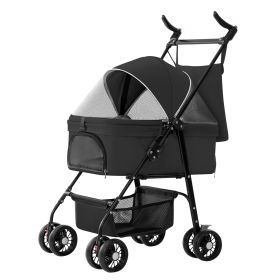 1Pc 4-Wheels Pet Stroller Foldable Carrier Strolling Cart Travel Jogger Pet Stroller With Removable Liner Storage Basket For Dog Cat (Option: Black)